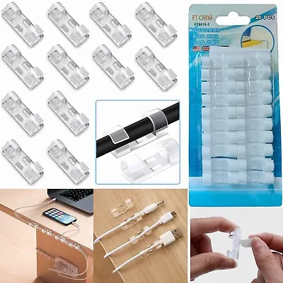 20PCS Cable Cord Clips Self-Adhesive Wire Clamp Table Wall Tidy Holder Organizer • £1.19