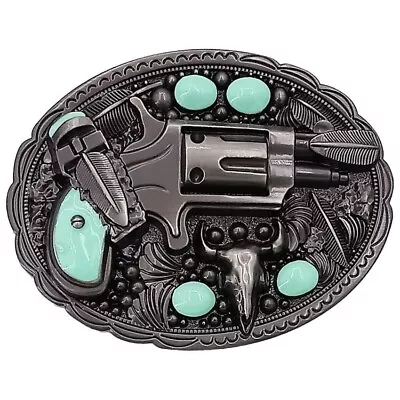 Pistol Revolver Gun Belt Buckle Feathers Turquoise Indian American Style • $10.91