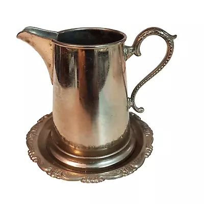 Vintage Small Metal Creamer Pitcher With Handle And Plate Holder  Nice Pre-Owned • $30