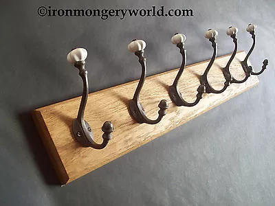 9 Sizes SOLID OAK WOODEN CAST IRON ANTIQUE HAT AND COAT HOOKS PEGS RAIL RACK CZ  • £105.99