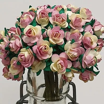 PINK & CREAM MULBERRY PAPER FLOWERS Craft Embellishment Small Artificial Roses • £2.78