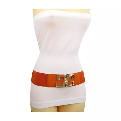 Women Orange Elastic Wide Party Time Belt Hip High Waist Gold Metal C Buckle S M • $13.75