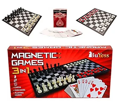 Magnetic Chess And Checkers Set With Non-Magnetic Playing Cards Travel Multi Bo • $17.42