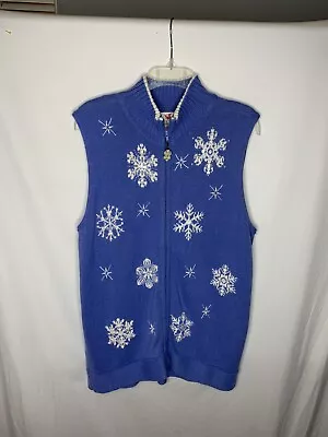 Quacker Factory Sweater Vest Large Full Zip Blue Holiday Winter Snowflake Beaded • $22