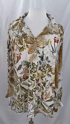 H&M Womens XXL Tropical Floral Long Sleeve Button-Up Blouse Shirt Top Semi Sheer • $15.98