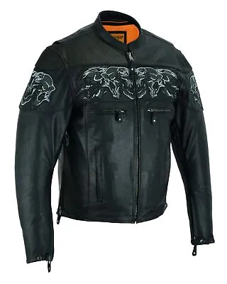 Men's Motorcycle Black Leather Biker & Fashion Jacket W/ Reflective Skulls • $149.99
