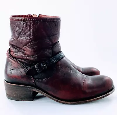 Frye Womens Ankle Boot Burgundy Leather Lynn Strap Short Distressed Western Sz 9 • $50