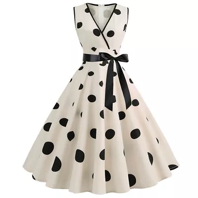 Women Casual 1950s Retro Sleeveless V-Neck Polka Dot Party Prom Swing Dress • £19.15