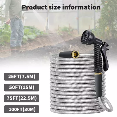 100FT Stainless Steel Garden Hose Pipe Water Rust-Proof Kink-Free With Spray Gun • £17.59