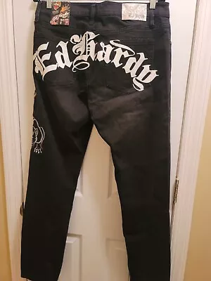 Ed Hardy Slim Jeans Denim 5 Pocket Embroidered Skull Snake Panther Black Stretch • $48.99