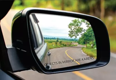 3PK OBJECTS IN MIRROR ARE KARENS 3M CLEAR Vinyl BLACK PRINT Decal 150mm X 10mm • $6.95