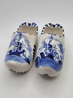 Set Of 2 Vintage Delft Blue Holland Dutch Hand Painted Windmill Shoes Clogs 2 H • $16.78