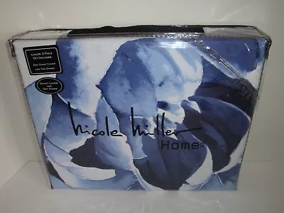 Nicole Miller Large Flowers Full Queen Duvet Cover Shams Set Blue White Cotton • $109