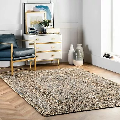 NuLOOM Hand Braided Denim Cotton And Jute Blend Area Rug In Tan And Blue • $196.92