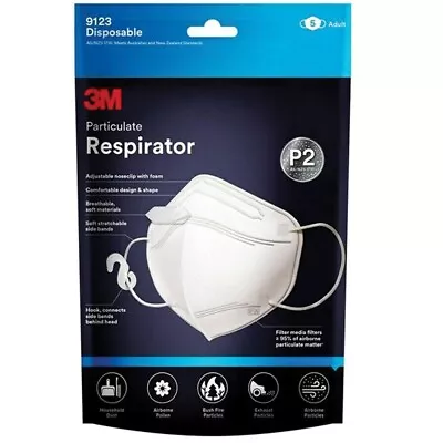 5 Pack 3M  P2 Particulate  Flat Fold Disposable Respirator Face Mask -9123 • $15.95