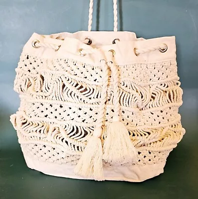 Boho Macrame Backpack Ivory Drawstring Purse Large Bag 16  X 12  X 4.5  • $28.55