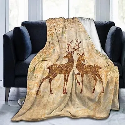 Retro Wildlife Elk Deers Fleece Throw Blanket Ultra Soft Cozy Decorative Flan... • $32.64