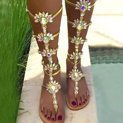 Women Knee High Gladiator Sandals Strappy Beach Flat Shoes Cut Out Lace Up Boots • $27.99