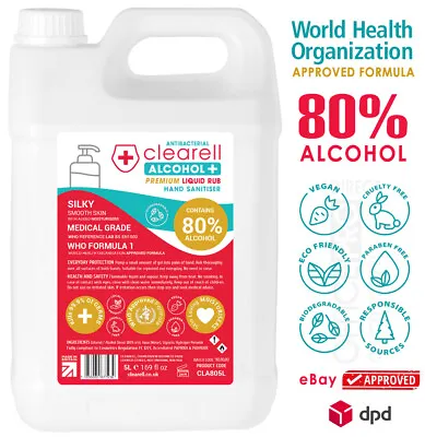 Hand Sanitiser Sanitizer 5 Litres 80% ALCOHOL WHO Formula Liquid Rub Clearell 5L • £19.95