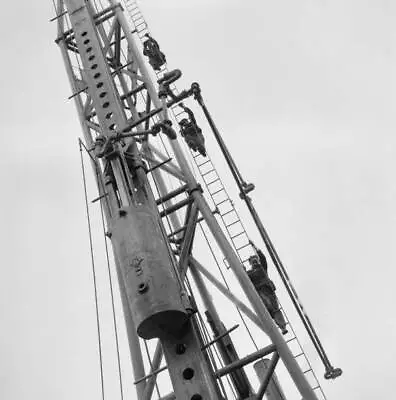 Workers Climbing The Ladder Of A Menck Piling Frame During Constru - Old Photo • $9