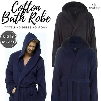 Mens Terry Towelling Bath Robe 100% Cotton Soft Dressing Gown Hooded Bathrobe UK • £22.99