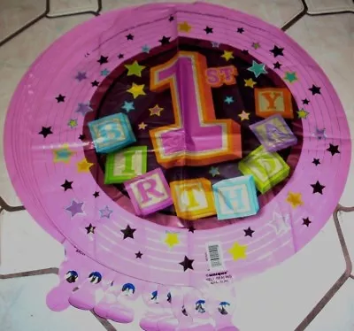 Happy 1st Birthday Mylar Balloons Lot Of 9 Pink Party Decorations Stars Blocks • $9.99