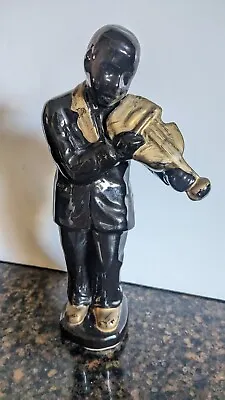 9.5  Musician Figurine Playing Violin Ceramic Glazed Black With Gold Accents • $18