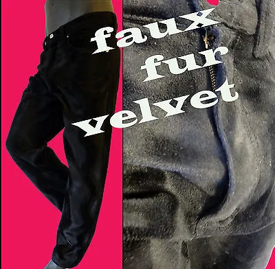 Black Velvet Faux Fur Jean Pant 36 Punk MOD Zigzag Casino Lounge Gothic Steam • $95