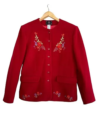 Vintage KENZO Red Wool Jacket Colorful Embroidery Flowers Long Sleeve Sz 42 NWOT • $189.99
