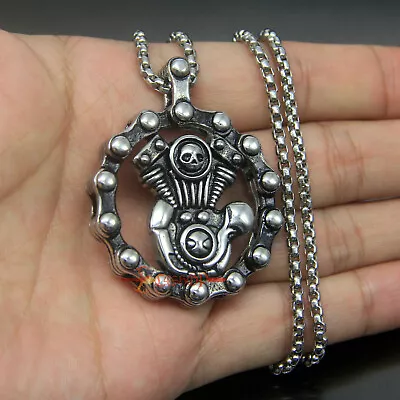 Men's Heavy Retro Bike Chain Skull V2 Engine Stainless Steel Pendant Necklace • $10.99