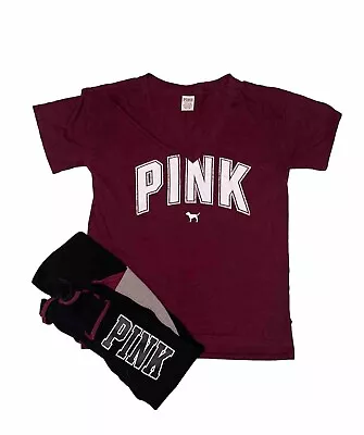 VS PINK Outfit Small Victoria’s Secret Campus Tee Cutout Leggings Maroon Black • $31.99