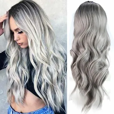 Ash Gray Silver White Ombre Lace Long Wavy Curly Blonde Wig Women Synthetic Hair • $12.95