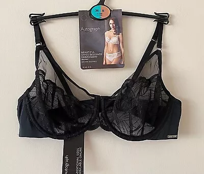 Luxury M&s Autograph 36b Black Swiss Design Embroidered Balcony Bra Free Post • £14.99