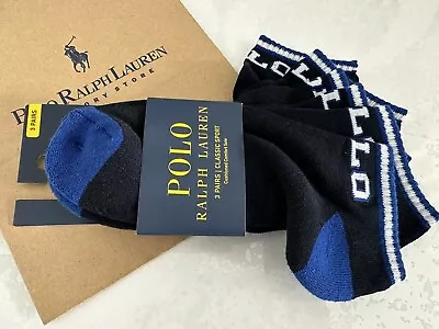 Mens Polo Ralph Lauren Ankle Sock Pack X 3 Pairs BLACK & BLUE • £17.99