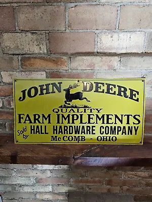 Vintage John Deere Quality Farm Implements McComb Ohio Metal Hardware Sign • $675