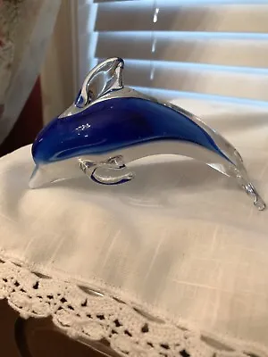 Blue White Glass Dolphin (Murano? Art Glass Hand Blown 4”Long- 3 1/4” Tall • $9.99