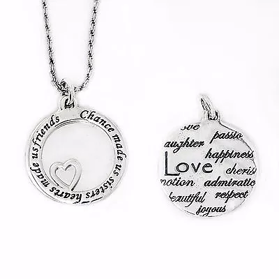 925 Solid Sterling Silver  Chance Made Us Sisters Hearts Made Us Friends Pendant • £18.99