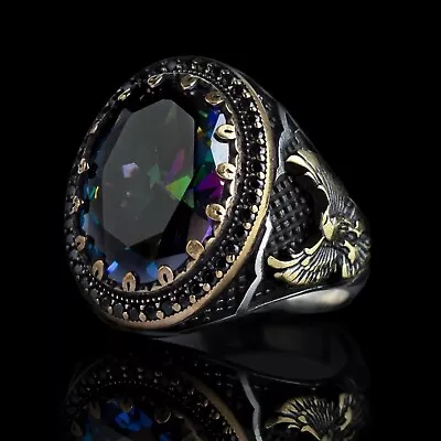 Solid 925 Sterling Silver Turkish Jewelry Mystic Topaz Men's Ring All Size • $58