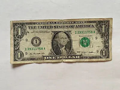 One Dollar Bill Serial Number I 39311758 A $1 Note US Real Money 2009 Notes USA • $9.99