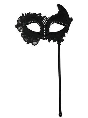 Adult Black Lace Mask On Stick Masquerade Ball Ladies Fancy Dress Accessory Prop • £9.89