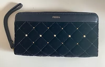 FOSSIL Jori Zip Wristlet Clutch Black Velvet Women Wallet Purse RPP $169 - SALE • $79.95