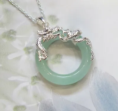 Lucky Grade A Natural Green Jade & 925 Sterling Silver Chinese Dragon Pendant • £59.99