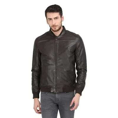 Men Genuine Brown Winter Jacket Racer Motorcycle Stylish Casual Lambskin Jacket • $131.10