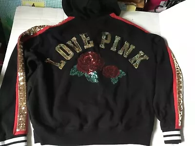 Victoria’s Secret Pink Lace Up Hoodie Love Pink Roses Sequin Bling Sz. M • $48.88