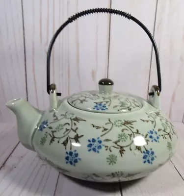 Pier 1 Tomoko Teapot Light Green Blue Floral Pattern Porcelain Metal Unused 7. • $12.77