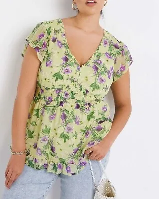 Simply Be Green Floral Shirred V-Neck Frill Peplum Top With Back Tie Size 16 New • £7.99