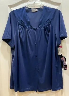 Vanity Fair Women Sheer Sleepwear Top Size L Blue Button Up Short Sleeve New 201 • $13.99