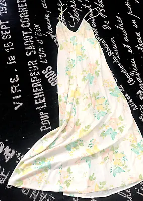 Vtg S MR MAC JR Silky Nylon Yellow Floral Butterfly SLEEP Long NIGHTGOWN LACE  V • $31.95