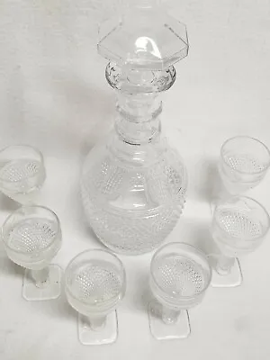 7 Pc. Set Cambridge MT VERNON Mid Century Decanter & 6 Wine Or Cordial Glasses • $89.92