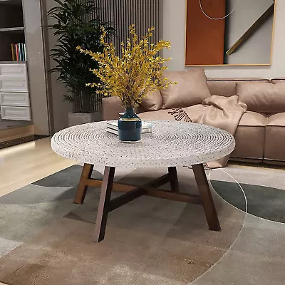 Round Coffee Table Seagrass Coffee TablesPine Wood X Base Frame Cocktail Table • $316.18